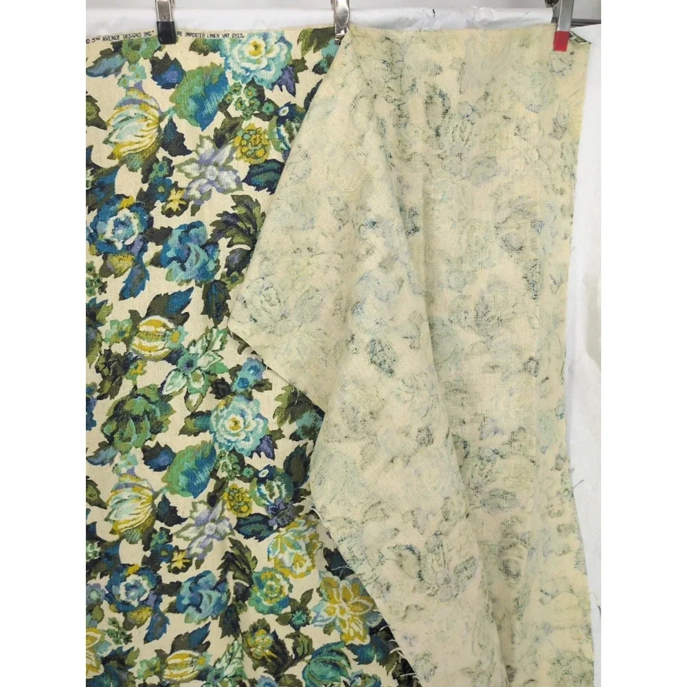 5th Avenue Designs Floral Linen 3 Yds Vintage Fabric VAT Green Blue Gold
